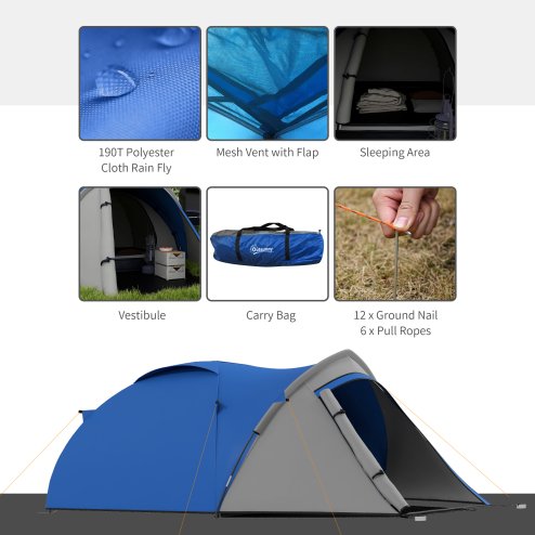 Outsunny Two-Man Camping Tent Dome Tent with Weatherproof Shell, Vestibule & Windows, for Fishing & Hiking, Blue and Grey