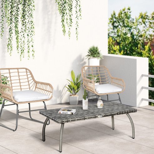 Outsunny Rattan Coffee Table, Patio Wicker Table with All-Weather Material for Garden, Balcony, Backyard, Grey
