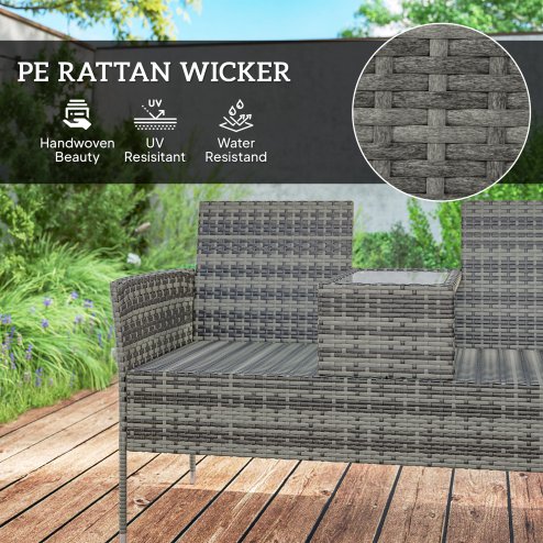 Outsunny 2 Seat Rattan Garden Bench, Patio Wicker Chair with Glass Tea Table, Outdoor Love Seat with Padded Cushions, for Garden, Porch, Charcoal Grey/Grey