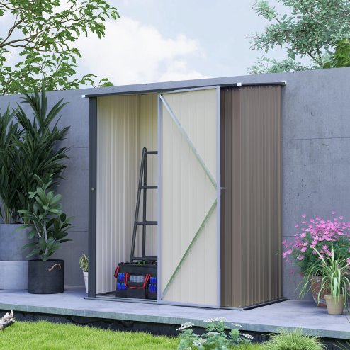 Outsunny 5ft x 3ft Lean to Garden Shed, Metal Outdoor Storage Shed with Single Lockable Door, Tool Storage Shed for Garden, Patio, Light Grey