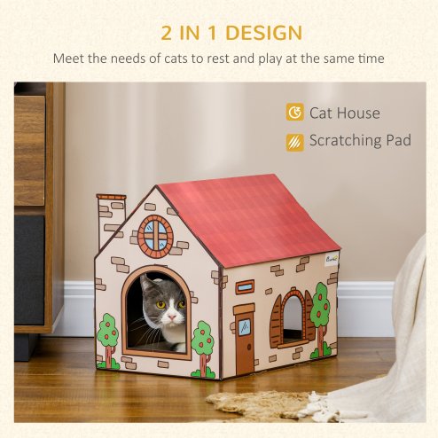 PawHut Cardboard Cat House with Scratcher, Catnip, Recyclable Corrugate Scratcher for Indoor Cats, Cat Scratching Board Pad,  42 x 30 x 37cm