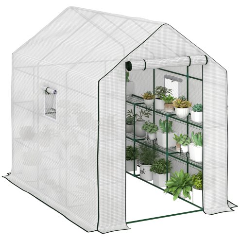 Outsunny Walk-in Greenhouse with 3 Tier 12 Shelves, Small Greenhouse with Reinforced PE Cover, Garden Plant Growhouse with Roll-up Door and Three Mesh Windows, 140 x 213 x 190 cm, White