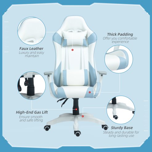 HOMCOM Gaming Chair, Racing Gamer Chair, Reclining Faux Leather Computer Chair with Headrest, Lumber Support, 3D Armrests, Adjustable Height, Swivel Wheels for Home Office, Light Blue