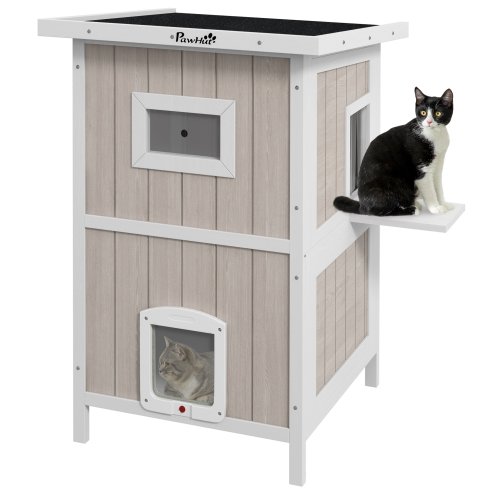 PawHut Outdoor Cat House, Wooden Cat Shelter 2 Tiers Feral Cat house with Removable Bottom, Escape Doors, Asphalt Roof, for 1-2 Cats - Light Grey