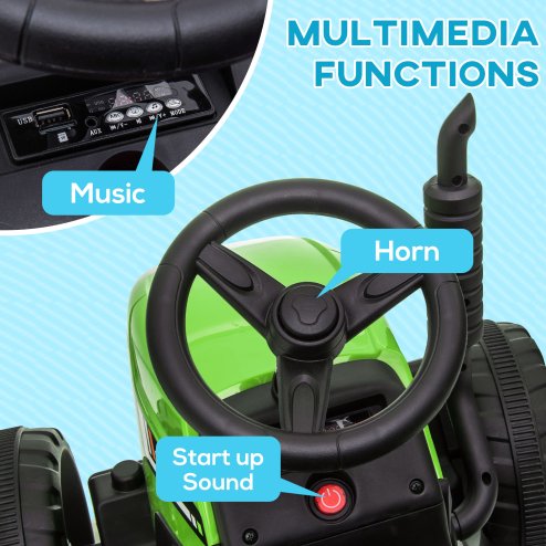 HOMCOM Electric Ride on Tractor 12V Kids Electric Car with Detachable Trailer Remote Control, Music, Horn, Lights, Start-Up Sound, for Ages 3-6 Years - Green