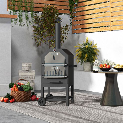 Outsunny 2-in-1 Outdoor Pizza Oven 3-Tier Freestanding Charcoal BBQ Grill with Rain Cover, Chimney, Thermometer, Bottom Shelf, Anti-scald Handles, Wheels for Garden Party Gathering