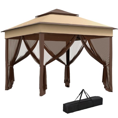 Outsunny 3 x 3(m) Pop Up Gazebo with Netting and Carrying Bag, Party Tent Instant Event Shelter, Height Adjustable and UV-Resistant, for Garden, Patio, Beige