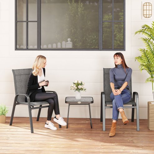 Outsunny 3 Pieces Outdoor Bistro Set, Patio Stackable Armchairs with Breathable Mesh Fabric and SPC Board Coffee Table, Light Grey