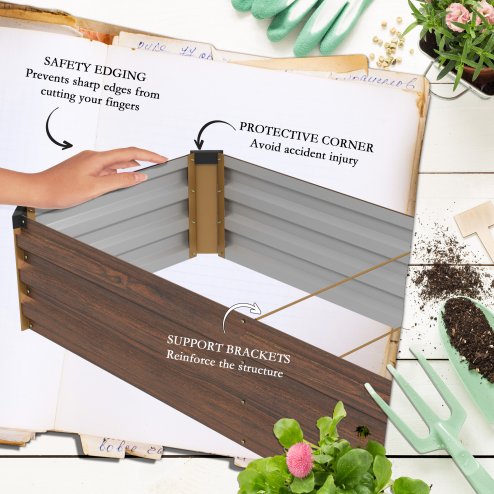 Outsunny Galvanised Raised Bed for Garden, Rectangular Outdoor Elevated Planter Box with Safety Edging and Open Bottom for Growing Flowers, Herbs and Vegetables, 240 x 60 cm, Dark Brown