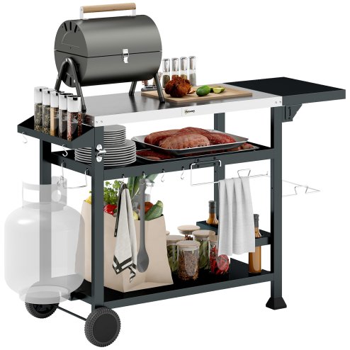Outsunny Outdoor Grill Dining Cart with Foldable Side table, Stainless Steel Top, Portable BBQ Trolley with 2 Wheels, 6 Hooks, 3-Shelf Movable Food Prep Pizza Oven Table for Kitchen, Patio, Garden