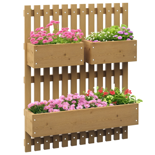 Outsunny Wall-mounted Wooden Garden Planters with Trellis, Drainage Holes and 3 Movable Planter Boxes, Wall Raised Garden Bed for Patio, Carbonised