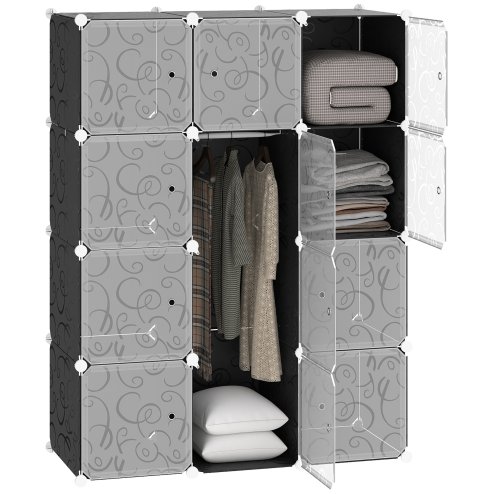 HOMCOM Portable Wardrobe for Bedroom, 12 Cube Closet with 2 Hanging Rails, Modular Storage Cabinet, Plastic Armoire for Space Saving, White and Black