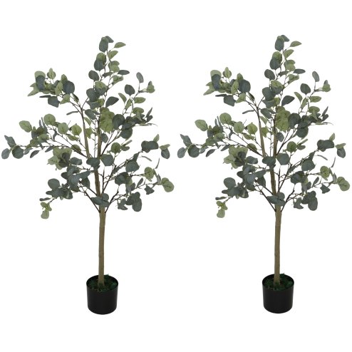 HOMCOM Set of 2 Decorative Artificial Tree, 4ft/ 120cm Silk Eucalyptus Trees with 230 Silver Dollar Leaves in Pot, Fake Plants for Home, Office, Living Room, Indoor Decor