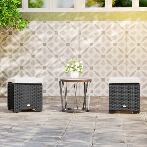 Outsunny Set of 2 Rattan Storage Ottoman, Outdoor Footstool with Removable Cushions, Garden Storage Seat for Balcony, Porch, Living Room, Cream White