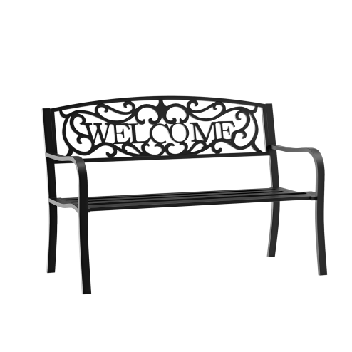Outsunny Garden Bench, Metal Outdoor Bench Seat, 2 Seater Patio Loveseat with Welcome Backrest, Armrests and Slatted Seat, 240 KG Capacity for Park, Porch, Black