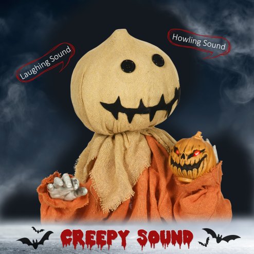 HOMCOM 77cm Outdoor Halloween Decoration Scarecrow, Standing Scarecrow Prop Life Size with Sound and Motion Activated, Light Up Eyes, Howling Sound, Posable Arms, Moving Hands