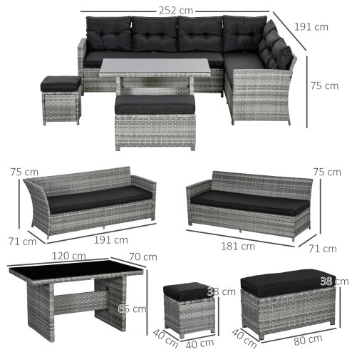 Outsunny 5 Pieces PE Rattan Garden Furniture Set with Corner Sofa, Patio Sofa Set with Glass Table, Stools, Cushions, for Poolside, Mixed Grey