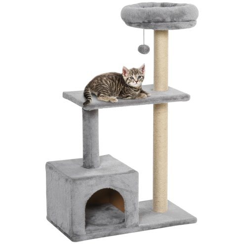 PawHut 96cm Cat Tree for Indoor Cats Condo Sisal Scratching Post Cat Tower Kitten Play House Dangling Ball Activity Center Furniture Grey