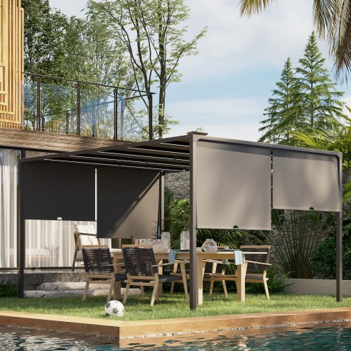 Outsunny 3(m) x 4m Pergola with Solar LED Lights, Garden Gazebo with Retractable Roof, Steel Frame, Outdoor Sun Shade Shelter for Patio Balcony Porch, Dark Grey