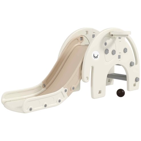 AIYAPLAY Kids Slide, 3 in 1 Toddler Slide with Basketball Hoop, Climber, Elephant-Themed Indoor Slide for 1-3 Years, Cream White