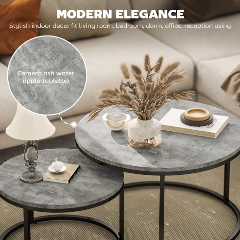 HOMCOM Round Nesting Coffee Table Set of 2, Large Stacking End Side Table with Steel Frame for Living Room, Bedroom, Home Office, 78.5 x 78.5 x 46.5 cm, Cement Grey