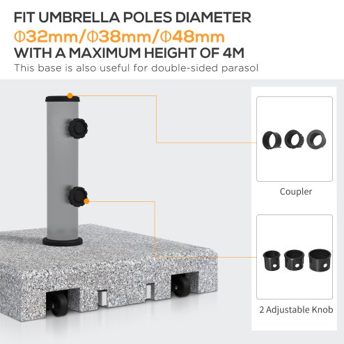 Outsunny 28kg Granite Parasol Base, Heavy Duty Square Umbrella Stand with Wheels and Retractable Handle, Parasol holder for 32mm, 38mm, 48mm Poles, Grey