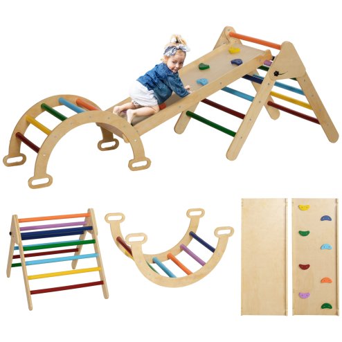 AIYAPLAY Toddler Climbing Frame, 5 In 1 Wooden Indoor Climbing Frame with Ramp, Arch, Foldable Pikler Triangle Set for Kids 18-48 Months, Multicoloured Image
