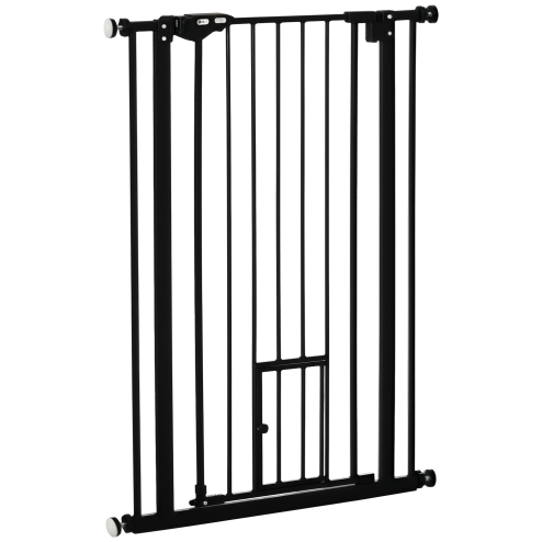 PawHut Extra Tall Dog Gate with Cat Flap, Pet Safety Gate for Doorways Stairs with Auto Close Double Locking, 104 cm Tall 74-80 cm Wide, Black