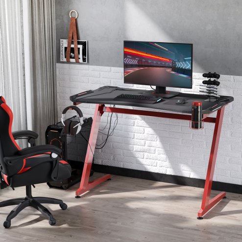 HOMCOM Gaming Desk, Carbon Fibre Covered Computer Desk, Gamer Workstation with Headphone Hook, Cup Holder and Gamepad Storage Rack