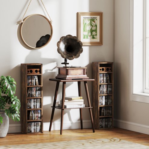 HOMCOM 204 CD Media Display Shelf Unit Set of 2 Blu-Ray Tower Rack w/ Adjustable Shelves Bookcase Storage Organiser, Rustic Brown