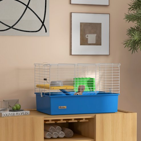 PawHut Guinea Pig Cage Chinchillas Rabbit Small Animal Cage with Ramp, Dish, Water Bottle, 71 x 46 x 47cm, Blue Image