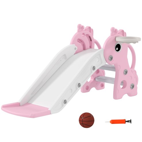 AIYAPLAY 3 in 1 Kids Slide, Giraffe Shape Toddler Slide with Climber, Basketball Hoop and Ball, Indoor Playground Equipment for Age 1-3, Pink