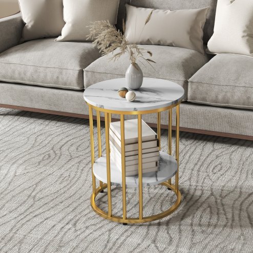 HOMCOM Round Coffee Table Set of 2, Marble-Effect Side Tables with Storage Open Shelf and Steel Frame for Living Room, Bedroom, Gold Tone