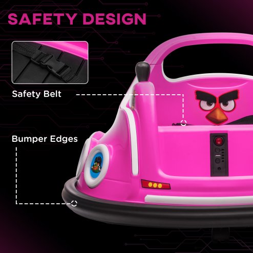 AIYAPLAY Angry Bird Licensed 12V Kids Bumper Car, 360 Rotation Waltzer Car with Joysticks, Remote Control, Music USB LED Lights, for 3-5 Years Old - Pink