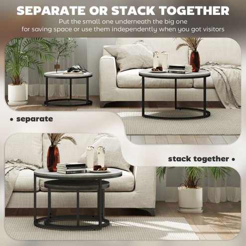 HOMCOM Nest of Tables, Round Coffee Table Set of 2,  Coffee Tables with Steel Frame for Living Room, Marble Grey