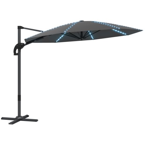 Outsunny 3(m) Cantilever Garden Parasol with Solar Powered Lights, Fibreglass Ribs, Crank Handle & Cross Base, UPF 50+, 360 Rotation, Overhanging Patio Umbrella for Patio Market, Dark Grey