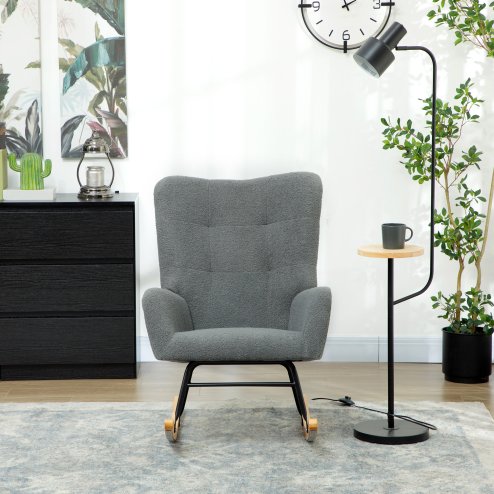 HOMCOM Rocking Chair, Teddy Upholstered Accent Chair, Modern Armchair with Wide Backrest and Rubberwood Base for Living Room, Bedroom, Grey
