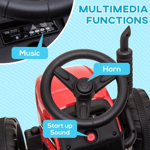HOMCOM Electric Ride on Tractor 12V Kids Electric Car with Detachable Trailer Remote Control, Music, Horn, Lights, Start-Up Sound, for Ages 3-6 Years - Red