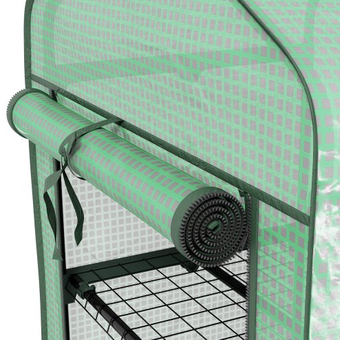 Outsunny 3 Tier Mini Greenhouse with Reinforced PE Cover and Wheels, Portable Small Greenhouse with Roll-up Door and Wire Shelves, 130H x 69W x 49D cm, Green