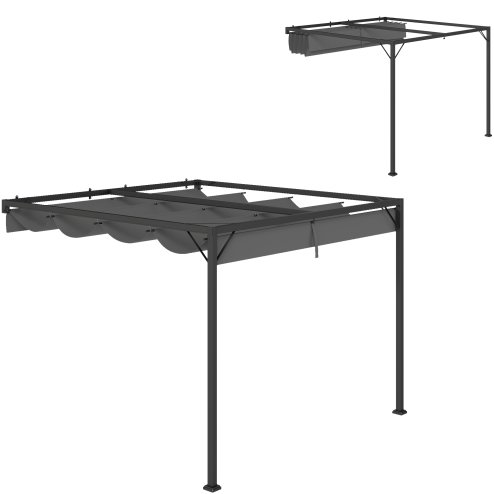 Outsunny 3 x 3(m) Outdoor Lean To Pergola Retractable Canopy Wall Mounted Gazebo Patio Shelter Sun Shade, Grey