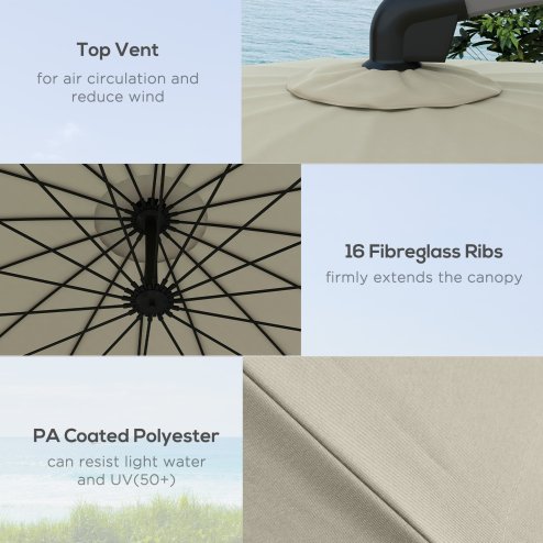 Outsunny 2.7m Cantilever Parasol with Cross Base, Banana Parasol with Crank Handle and 16 Fibreglass Ribs, Round Hanging Patio Umbrella for Outdoor Pool, Garden, Balcony, Beige