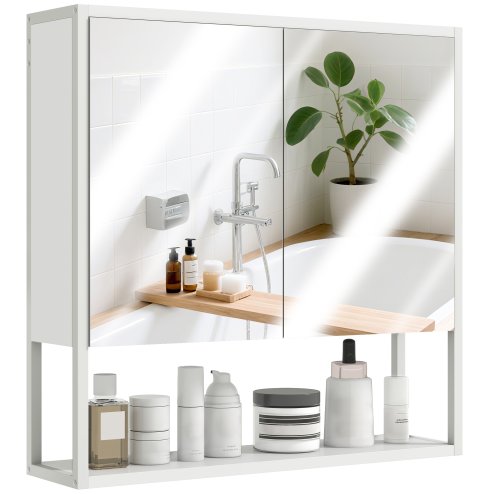 HOMCOM Bathroom Mirror Cabinet Wall Mounted with Soft-Close Doors and Adjustable Shelf, Industrial Bathroom Wall Cabinet with Open Storage, 60 x 16 x 60 cm
