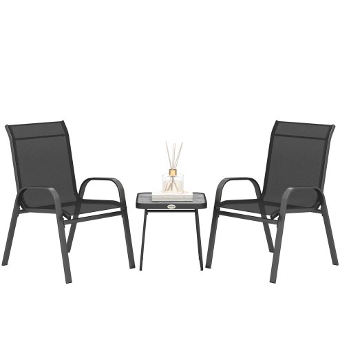 Outsunny Garden Bistro Set, 3 Piece Garden Furniture Set with Stackable Armchairs and SPC Board Coffee Table, Bistro Table and Chairs with Texteline Seats for Balcony, Porch, Black