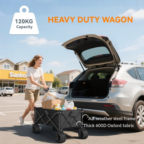 Outsunny 110L Festival Trolley on Wheels, Folding Camping Trolley Cart with Telescopic Handle, Carry Bag and All-Terrain Big Wheels, for Garden, Beach, Fishing, Black