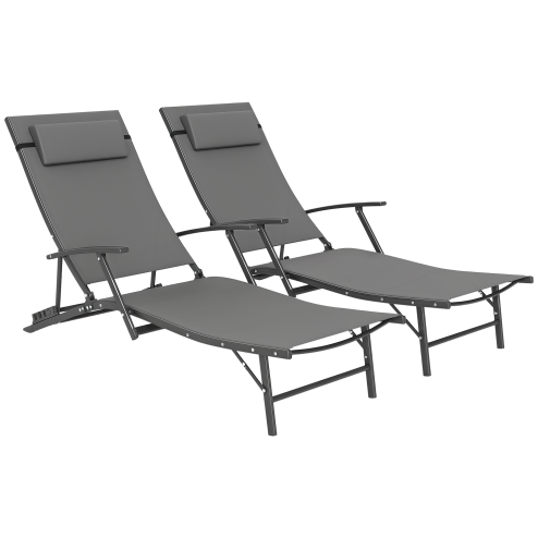 Outsunny Set of 2 Folding Sun Loungers for Garden, 4 Positions Adjustable Outdoor Chaise Lounge Chairs with Armrests, Pillows, Steel Frame, Sunbed Recliners for Patio, Beach and Poolside, Grey