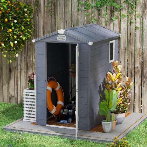 Outsunny 4 x 6ft Plastic Garden Storage Shed with Ventilation Slots and Lockable Door, Polypropylene Outdoor Storage Tool House with Foundation Kit, Grey