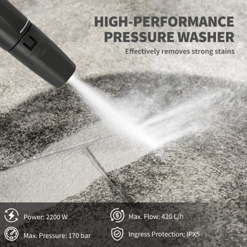Outsunny 2200W High Pressure Washer, 170 Bar Pressure, 420 L/h Flow, Portable Electric Power Washer Jet Wash Cleaner with Adjustable Nozzle 6M Hose and Hose Reel for Home Patio Car Driveway
