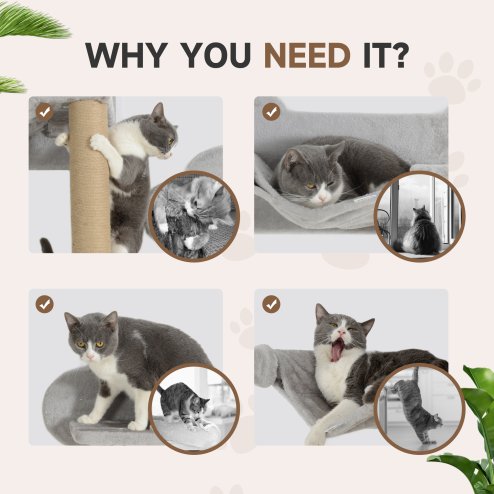 PawHut Cat Shelves, 4 Piece Cat Wall Furniture with Scratching Post, Steps, Jumping Platform, Ladder, Toy Balls, for Indoor Kittens, Light Grey