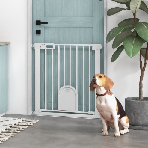 PawHut Dog Gate with Cat Flap Pet Safety Gate Barrier, Stair Pressure Fit, Auto Close, Double Locking, for Doorways, Hallways, 75-82 cm White