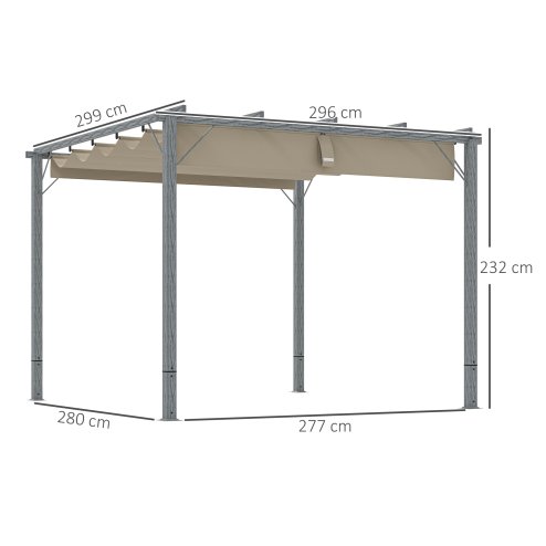 Outsunny 3 x 3(m) Garden Pergola with Retractable Roof Canopy and Wood Grain Aluminium Frame, Outdoor Gazebo Pergola Kit, UPF30+ Sun Shade Shelter for Deck, Porch, Grey